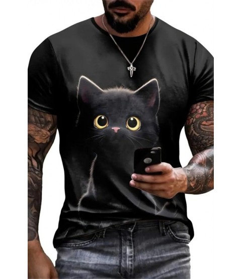 Erkek Bisiklet Yaka Kedi Baskılı Süprem T-shirt