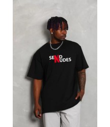Unisex Bisiklet Yaka Double Oversize Baskılı T-Shirt - Siyah