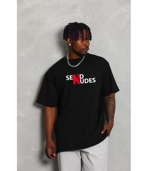 Unisex Bisiklet Yaka Double Oversize Baskılı T-Shirt - Siyah