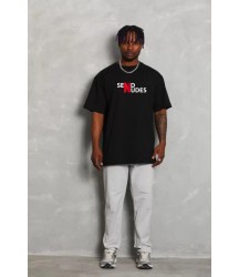 Unisex Bisiklet Yaka Double Oversize Baskılı T-Shirt - Siyah