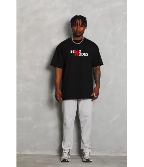 Unisex Bisiklet Yaka Double Oversize Baskılı T-Shirt - Siyah
