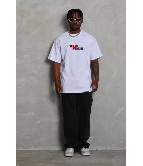 Unisex Bisiklet Yaka Double Oversize Baskılı T-Shirt - Beyaz
