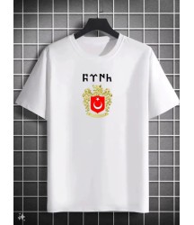 Unisex Bisiklet Yaka Baskılı Oversize T-Shirt - Beyaz