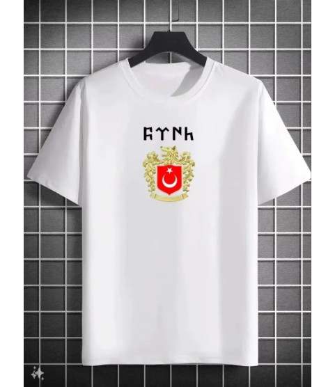 Unisex Bisiklet Yaka Baskılı Oversize T-Shirt - Beyaz