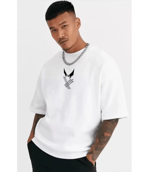 Unisex Bisiklet Yaka Baskılı Oversize T-Shirt - Beyaz