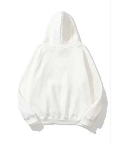 3 İplik Pamuklu Unisex Kapşonlu Sweetshirt - Beyaz