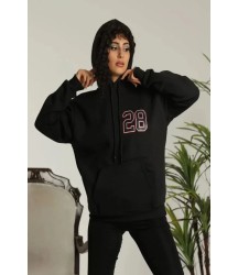Unisex Kapşonlu Baskılı Sweetshirt - Siyah
