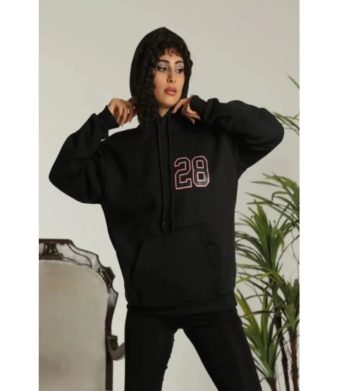 Unisex Kapşonlu Baskılı Sweetshirt - Siyah