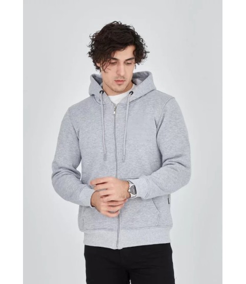 Unisex Tam Fermuarlı Kapşonlu  SweatShirt - Gri