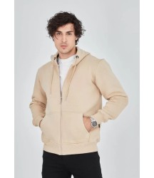 Unisex Tam Fermuarlı Kapşonlu  SweatShirt - Bej