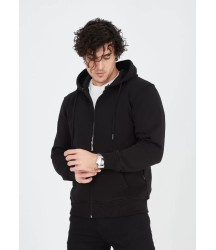 Unisex Tam Fermuarlı Kapşonlu  SweatShirt - Siyah