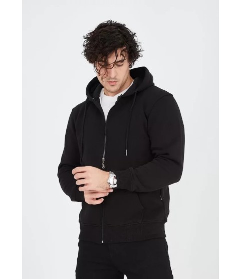 Unisex Tam Fermuarlı Kapşonlu  SweatShirt - Siyah