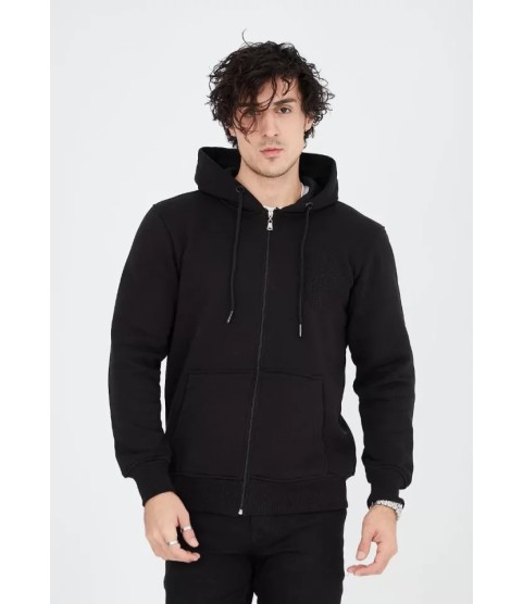 Unisex Tam Fermuarlı Kapşonlu  SweatShirt - Siyah