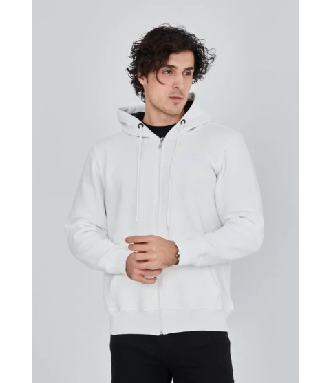 Unisex Tam Fermuarlı Kapşonlu  SweatShirt - Beyaz