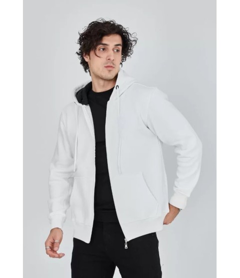 Unisex Tam Fermuarlı Kapşonlu  SweatShirt - Beyaz
