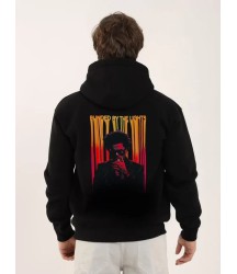 Unisex Baskılı Oversize Üç İplik Kapüşonlu Sweatshirt - Siyah