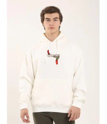 Unisex Baskılı Oversize Üç İplik Kapüşonlu Sweatshirt - Beyaz