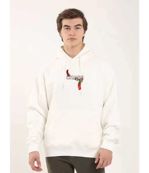 Unisex Baskılı Oversize Üç İplik Kapüşonlu Sweatshirt - Beyaz