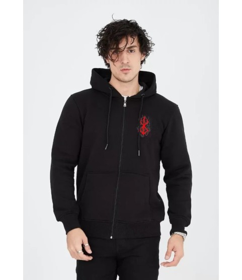 Unisex Baskılı Tam Fermuarlı Kapşonlu SweatShirt - Siyah