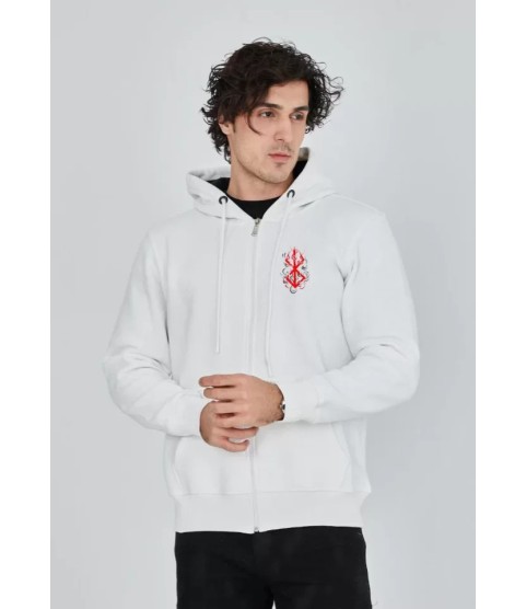 Unisex Baskılı Tam Fermuarlı Kapşonlu SweatShirt - Beyaz