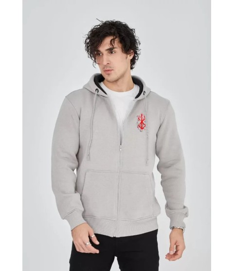 Unisex Baskılı Tam Fermuarlı Kapşonlu SweatShirt - Boyalı Gri