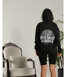 Unisex Sırt Baskılı Kapüşonlu Üç İplik Oversize Sweatshirt - Siyah