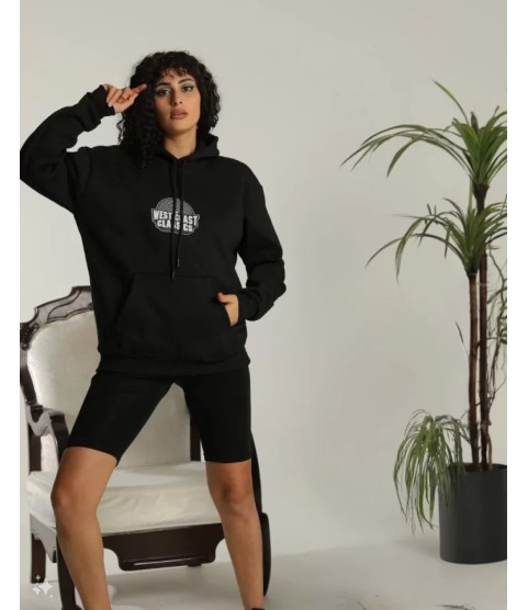 Unisex Sırt Baskılı Kapüşonlu Üç İplik Oversize Sweatshirt - Siyah