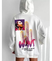 Baskılı Üç İplik Kapüşonlu Oversize Sweatshirt - Beyaz