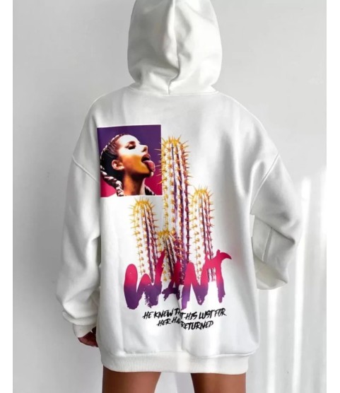 Baskılı Üç İplik Kapüşonlu Oversize Sweatshirt - Beyaz