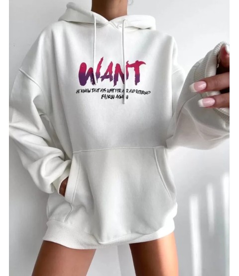Baskılı Üç İplik Kapüşonlu Oversize Sweatshirt - Beyaz