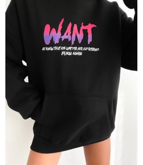 Baskılı Üç İplik Kapüşonlu Oversize Sweatshirt - Siyah