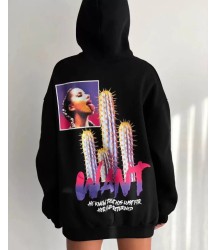 Baskılı Üç İplik Kapüşonlu Oversize Sweatshirt - Siyah