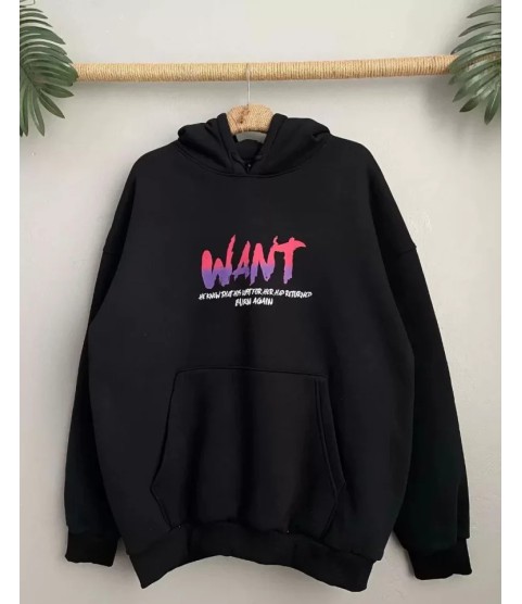 Baskılı Üç İplik Kapüşonlu Oversize Sweatshirt - Siyah