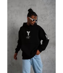 Unisex Sırt Baskılı Kapüşonlu Üç İplik Oversize Sweatshirt - Siyah