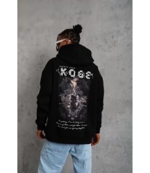 Unisex Sırt Baskılı Kapüşonlu Üç İplik Oversize Sweatshirt - Siyah
