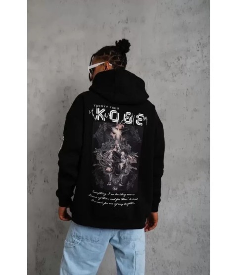 Unisex Sırt Baskılı Kapüşonlu Üç İplik Oversize Sweatshirt - Siyah