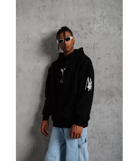 Unisex Sırt Baskılı Kapüşonlu Üç İplik Oversize Sweatshirt - Siyah
