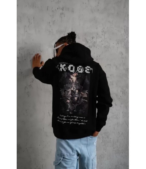 Unisex Sırt Baskılı Kapüşonlu Üç İplik Oversize Sweatshirt - Siyah