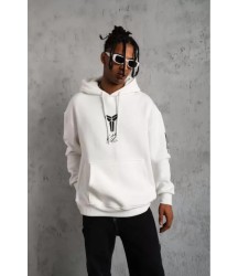 Unisex Sırt Baskılı Kapüşonlu Üç İplik Oversize Sweatshirt - Beyaz
