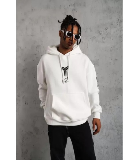 Unisex Sırt Baskılı Kapüşonlu Üç İplik Oversize Sweatshirt - Beyaz
