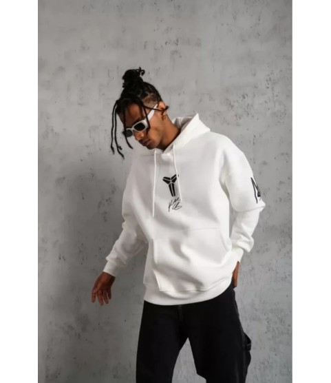 Unisex Sırt Baskılı Kapüşonlu Üç İplik Oversize Sweatshirt - Beyaz