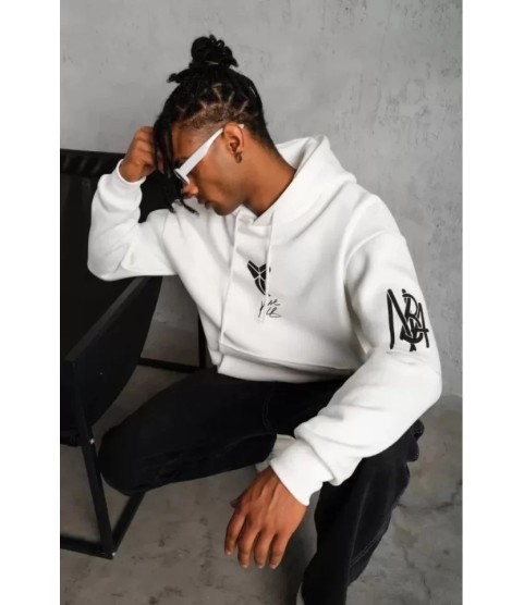 Unisex Sırt Baskılı Kapüşonlu Üç İplik Oversize Sweatshirt - Beyaz