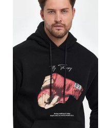 Unisex Kapüşonlu Üç İplik Oversize Baskılı Sweatshirt - Siyah