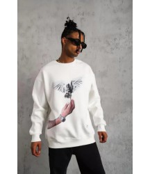Erkek Güvercin Baskılı Sweatshirt - Beyaz