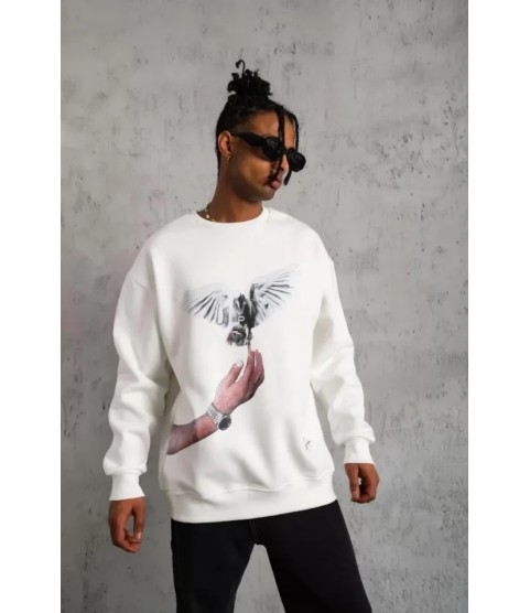 Erkek Güvercin Baskılı Sweatshirt - Beyaz