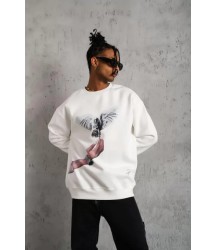 Erkek Güvercin Baskılı Sweatshirt - Beyaz
