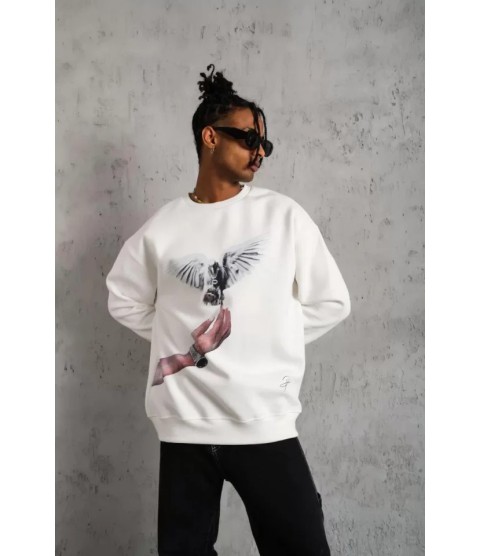 Erkek Güvercin Baskılı Sweatshirt - Beyaz