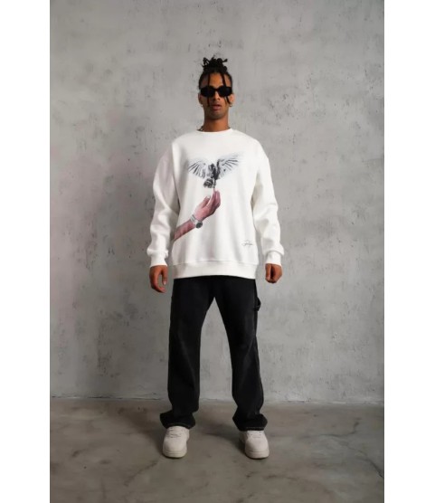 Erkek Güvercin Baskılı Sweatshirt - Beyaz