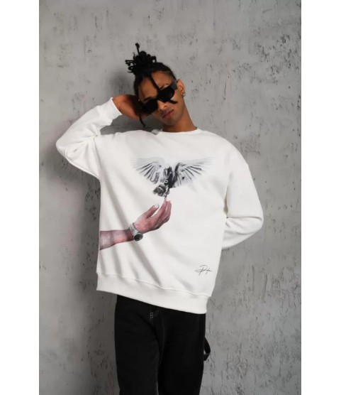 Erkek Güvercin Baskılı Sweatshirt - Beyaz