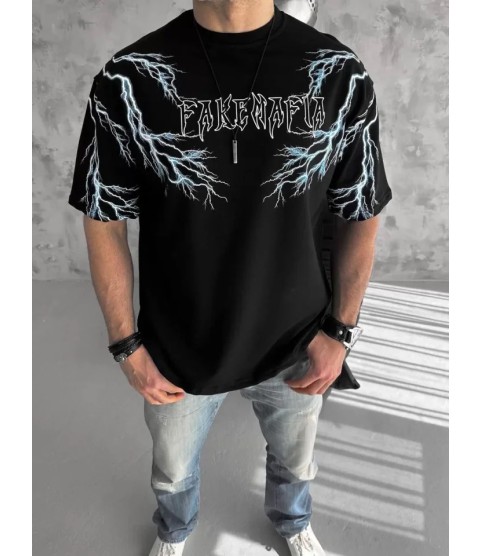 Unisex Bisiklet Yaka Baskılı Oversize T-Shirt - Siyah